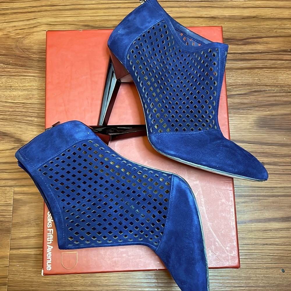Navy blue suede booties by RED a Saks 5th Avenue company